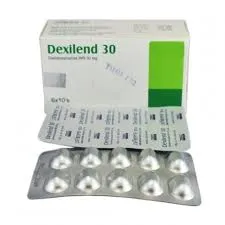 A white box of Dexilend 30 capsules with a green accent, shown alongside two silver blister packs of the medication.