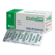 A white and green box of Doxiva 200 (Doxofylline) tablets positioned next to a silver blister pack of the medication, manufactured by NIPRO JMI Pharma.