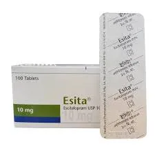 A large white box of Esita 10 mg escitalopram containing 100 tablets, positioned next to the back of a blister strip showing the medication name in English and Bengali.