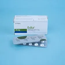 A white box of Esita 10 mg Escitalopram tablets alongside a silver blister pack on a light blue background.