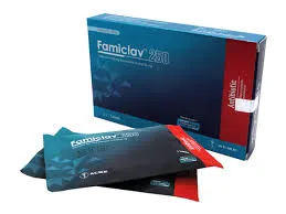 A blue and dark grey box of Famiclav 250 antibiotic medication shown with two individual medicine sachets in the foreground.