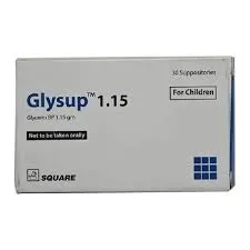 A white and blue rectangular box of Glysup 1.15 Glycerin BP suppositories for children by Square Pharmaceuticals.