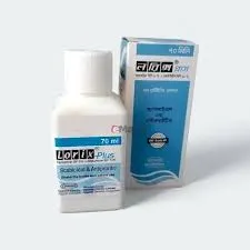 A 70ml white bottle and a blue-and-white box of Lorix Plus, a scabicidal and antipruritic lotion featuring English and Bengali text.