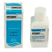 A 60ml bottle and its blue and white packaging for Lorix Plus, a scabicidal and antipruritic non-staining lotion.