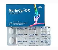 Product packaging for MarinCal-DX by Incepta Pharmaceuticals, featuring a blue box with a joint health graphic and a silver blister pack of white tablets.