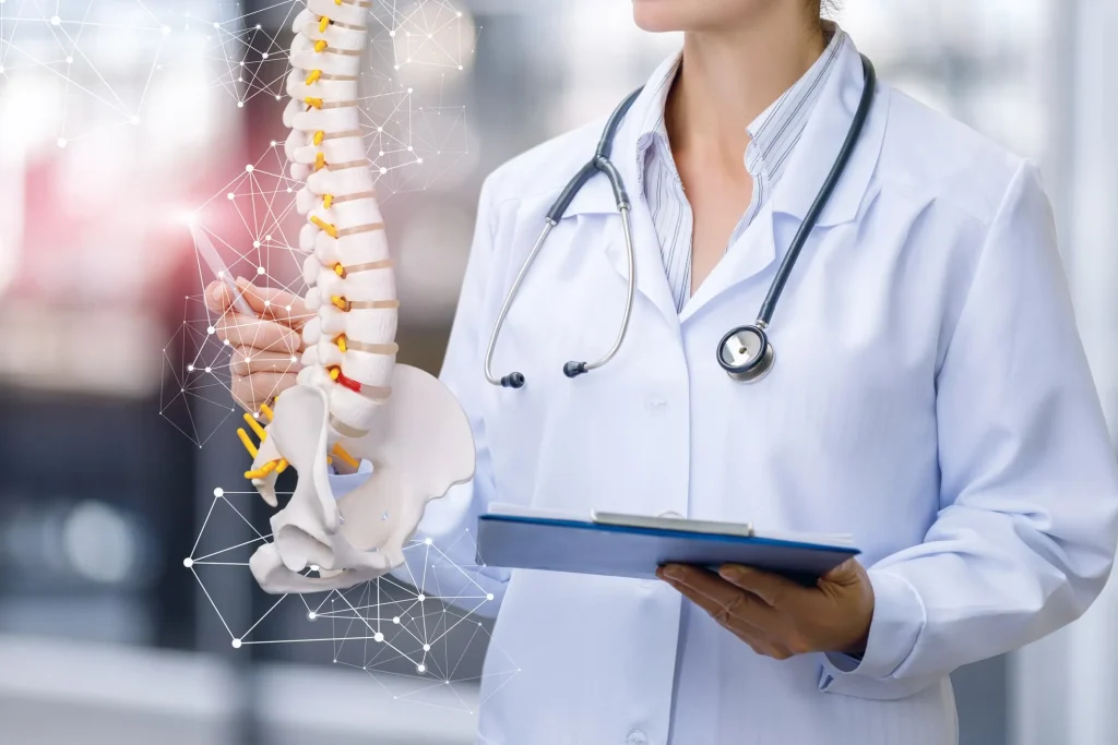 A female doctor in a white lab coat and stethoscope holding a medical spine and pelvis model, pointing to a specific vertebra while holding a clipboard.