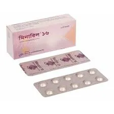 A lavender and white box of Menaril 16 featuring Bengali script, shown alongside two silver medication blister strips.