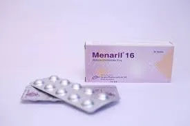 A lavender and white box of Menaril 16 tablets sitting behind a silver foil blister pack of pills on a plain white surface.