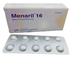 A white and lavender box of Menaril 16 (Betahistine Dihydrochloride 16 mg) medication positioned above a silver foil blister pack containing ten tablets.