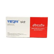 Front view of a Moxaclav 625 antibiotic box with product information and warnings printed in Bengali script on a white and red background.