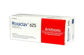 A white and red box for Moxaclav 625, an antibiotic medication containing Amoxicillin 500 mg and Clavulanic Acid 125 mg.