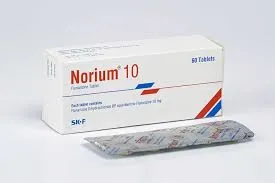 এসকেএফ ফার্মাসিউটিক্যালসের নরিয়াম ১০ (Norium 10 mg) ট্যাবলেটের প্যাকেজ এবং ওষুধের একটি স্ট্রিপ।