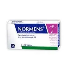 নরমেনস ৫ মিলিগ্রাম (Normens 5mg) নরেথিস্টেরন এসিটেট ট্যাবলেটের একটি প্যাকেজিং বক্স।
