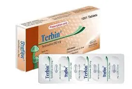 A brown and white box of Terbin medication containing Terbinafine 250mg tablets, displayed alongside a silver blister pack containing individual pills.