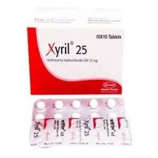 ওপসোনিন ফার্মাসিউটিক্যালসের জাইরিল ২৫ (Xyril 25 mg) ওষুধের প্যাকেট এবং সামনে রাখা একটি ট্যাবলেট স্ট্রিপ।