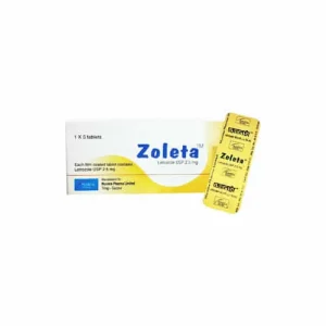 A white and yellow box of Zoleta Letrozole 2.5 mg film-coated tablets displayed next to its yellow blister pack.