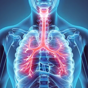 A 3D medical illustration of a human torso with the trachea and bronchial tubes highlighted in glowing red against a blue, translucent skeletal frame.