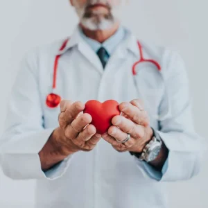 Close-up of a healthcare professional’s hands holding a small, red symbolic heart model.