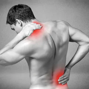 A grayscale photo of a man's back with red glowing circles indicating pain in the neck and lower lumbar regions.