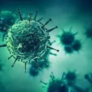 A 3D microscopic illustration of green virus particles with protein spikes floating in a dark, fluid environment.