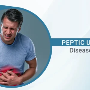 A man clutching his stomach in pain with a red glow over the abdomen, titled Peptic Ulcer Disease.
