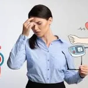 A woman holding her head in discomfort, surrounded by icons of a heart with a pressure gauge and a digital blood pressure monitor on an arm.